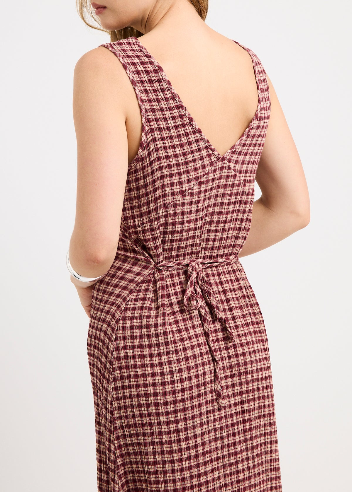 Capricorn Seersucker Midi Dress BURGANDY / BEIGE CHECK