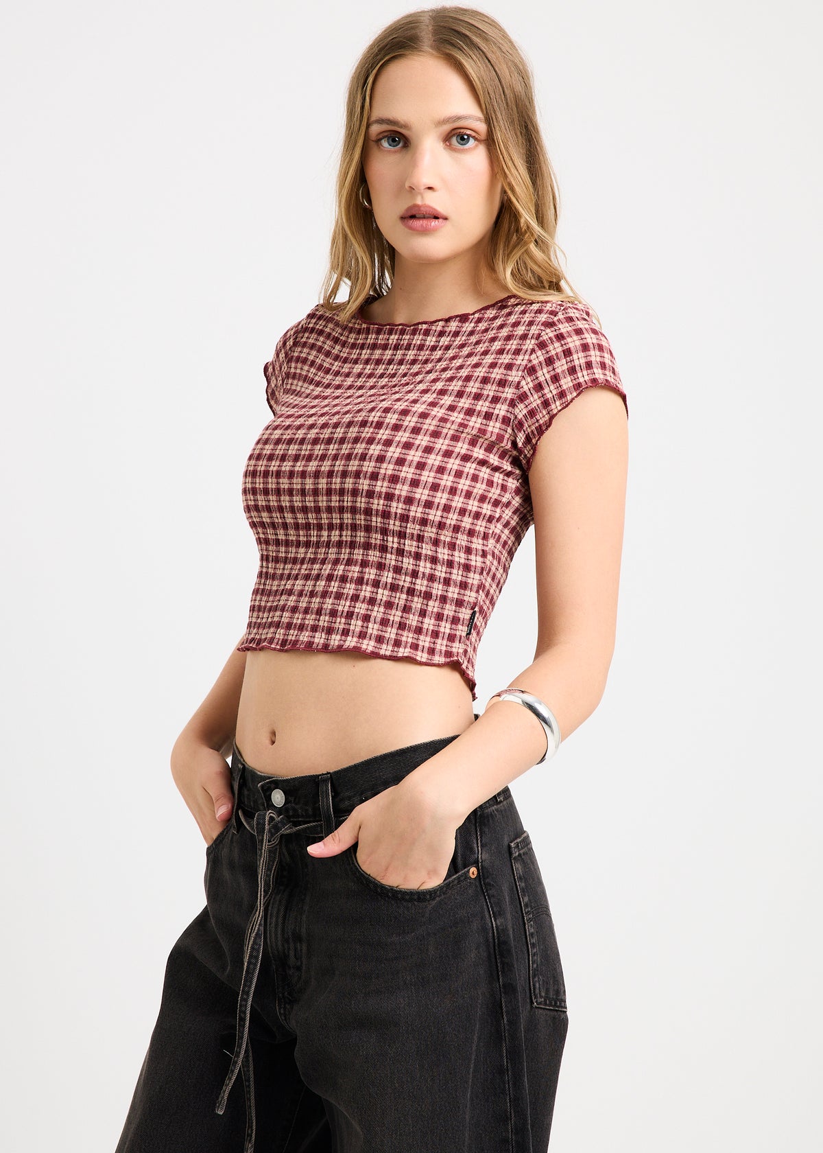 Darcy Seersucker Top BURGANDY / BEIGE CHECK