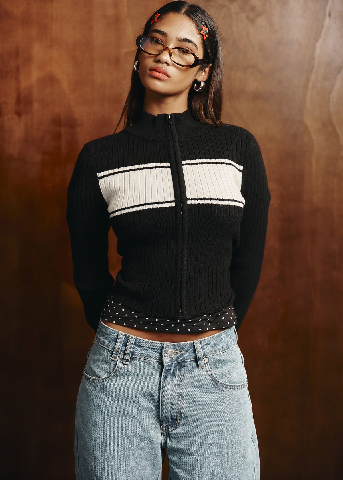 Uma Stripe Zip Through Knit Top BLACK