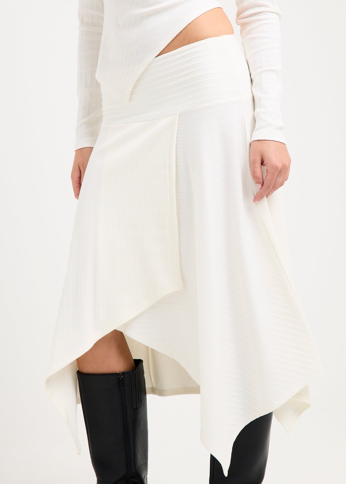 Ashley Ribbed Assymetrical Wrap Midi Skirt WHITE