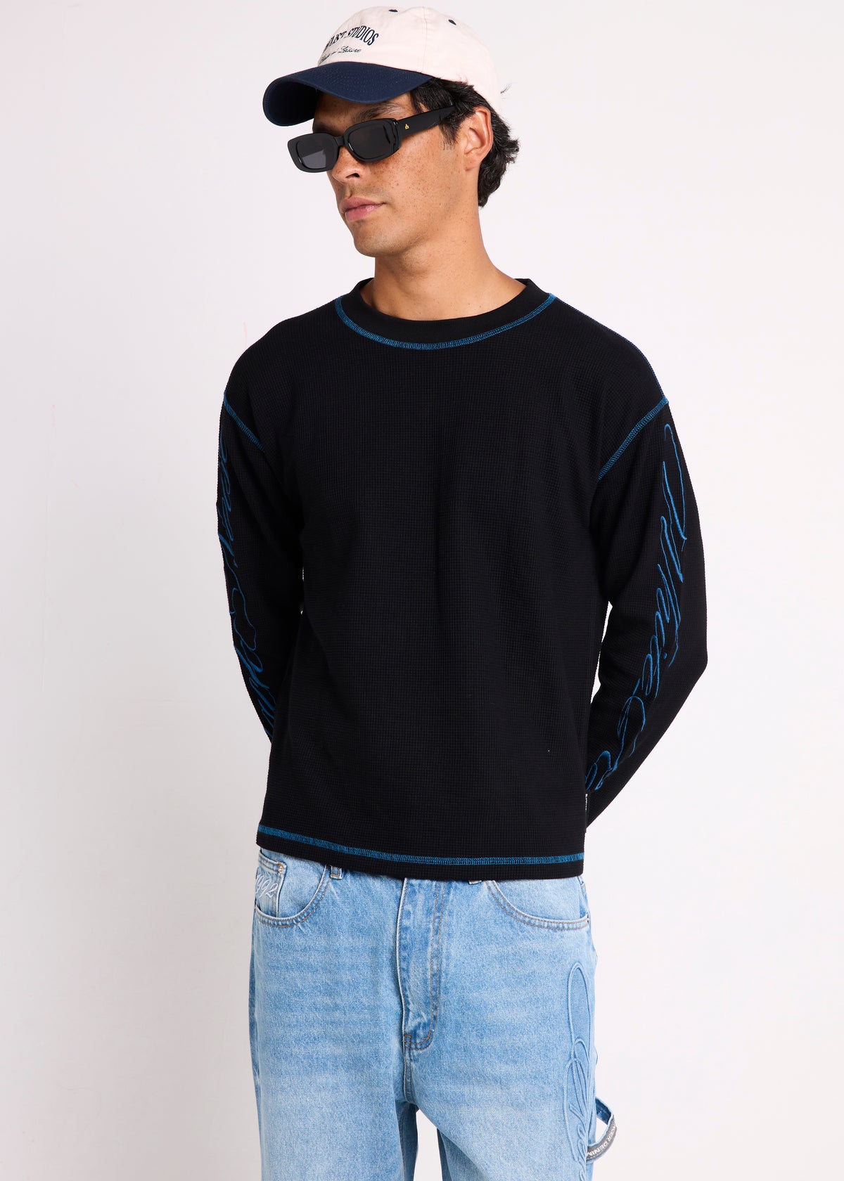 Script Long Sleeve Waffle Shirt BLACK