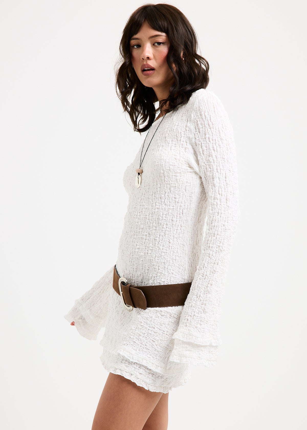 Kerala Frilled Knit Long Safe Mini Dress WHITE