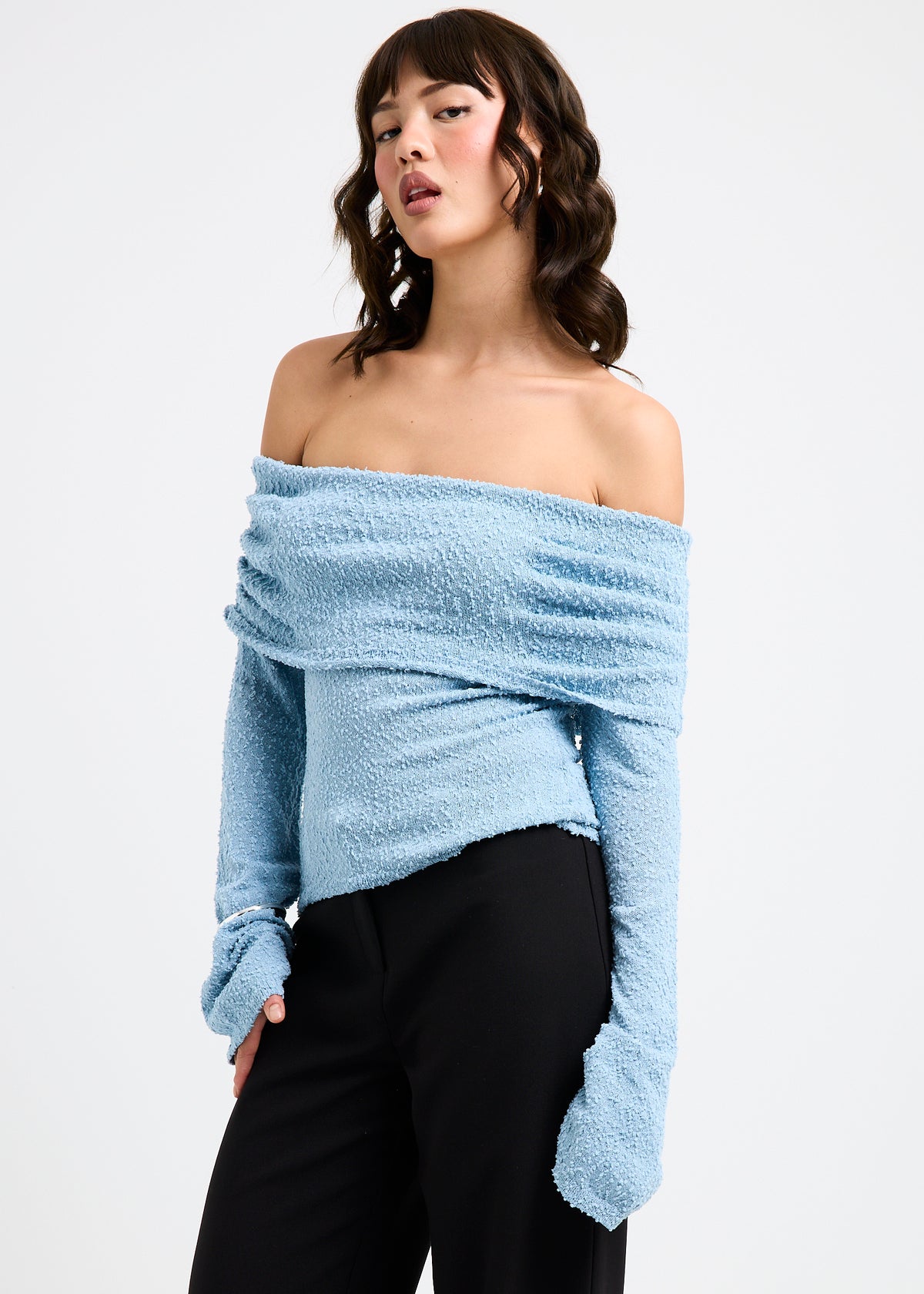 Naya Boucle Off Shoulder Knit Top ICE BLUE