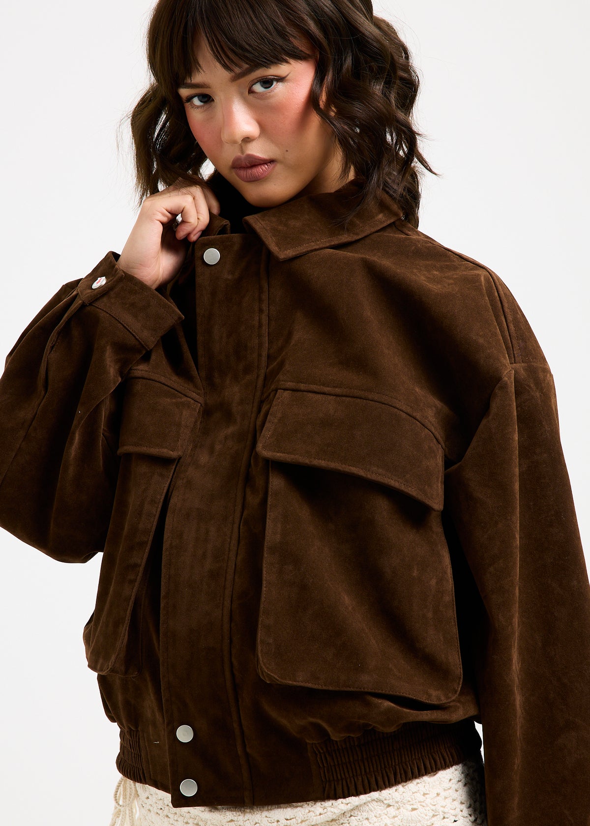 Jen Suede Oversized Patch Pocket Jacket CHOCOLATE