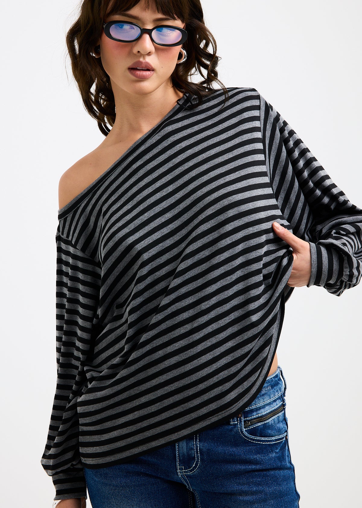 Dylan One Shoulder Long Sleeve Top GREY BLACK