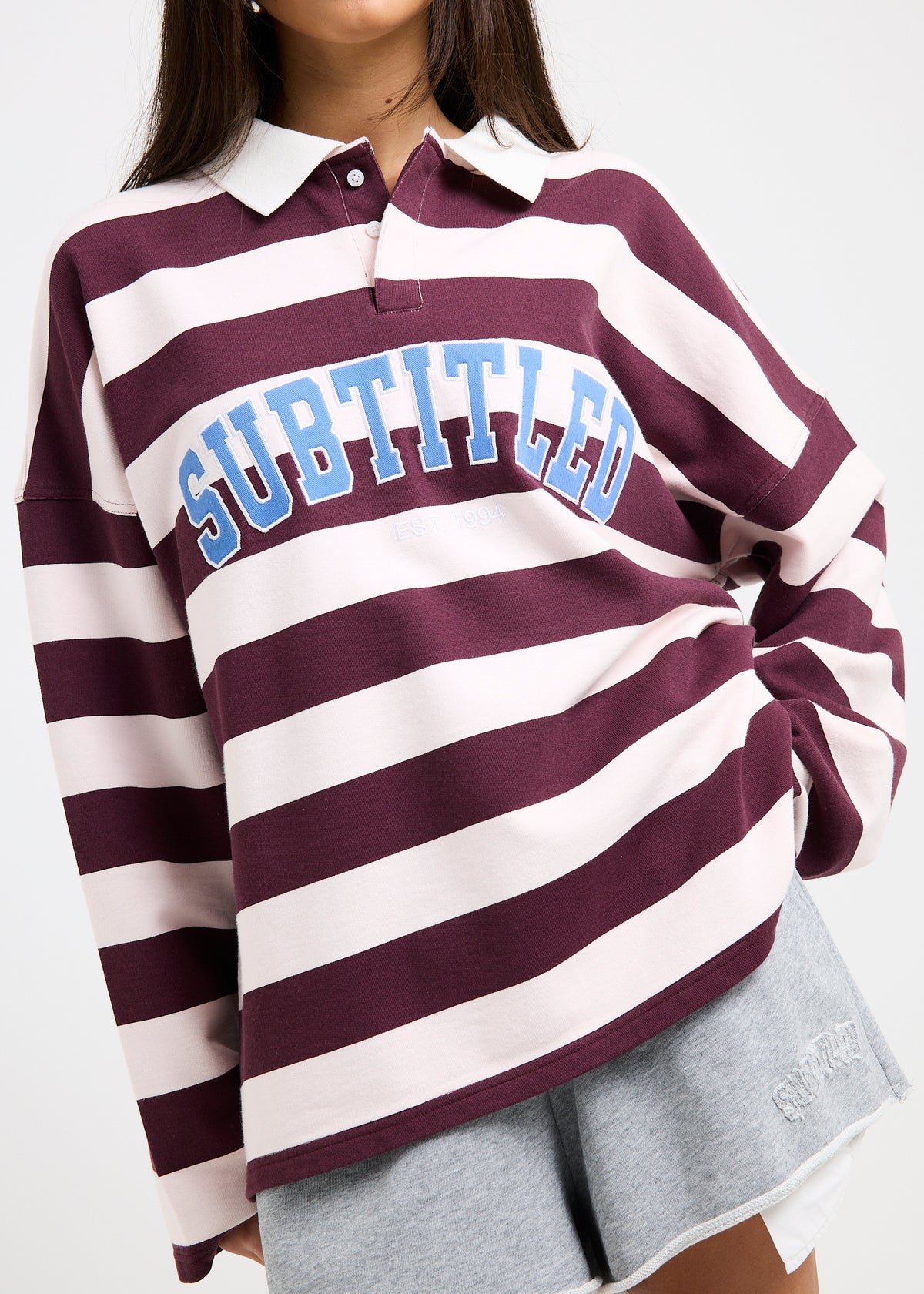 Portland Striped Polo Sweat Shirt GREY MARLE/EGGPLANT