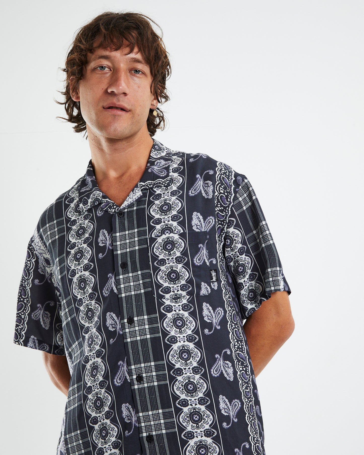 Paisley Plaid Rayon Short Sleeve Shirt Black