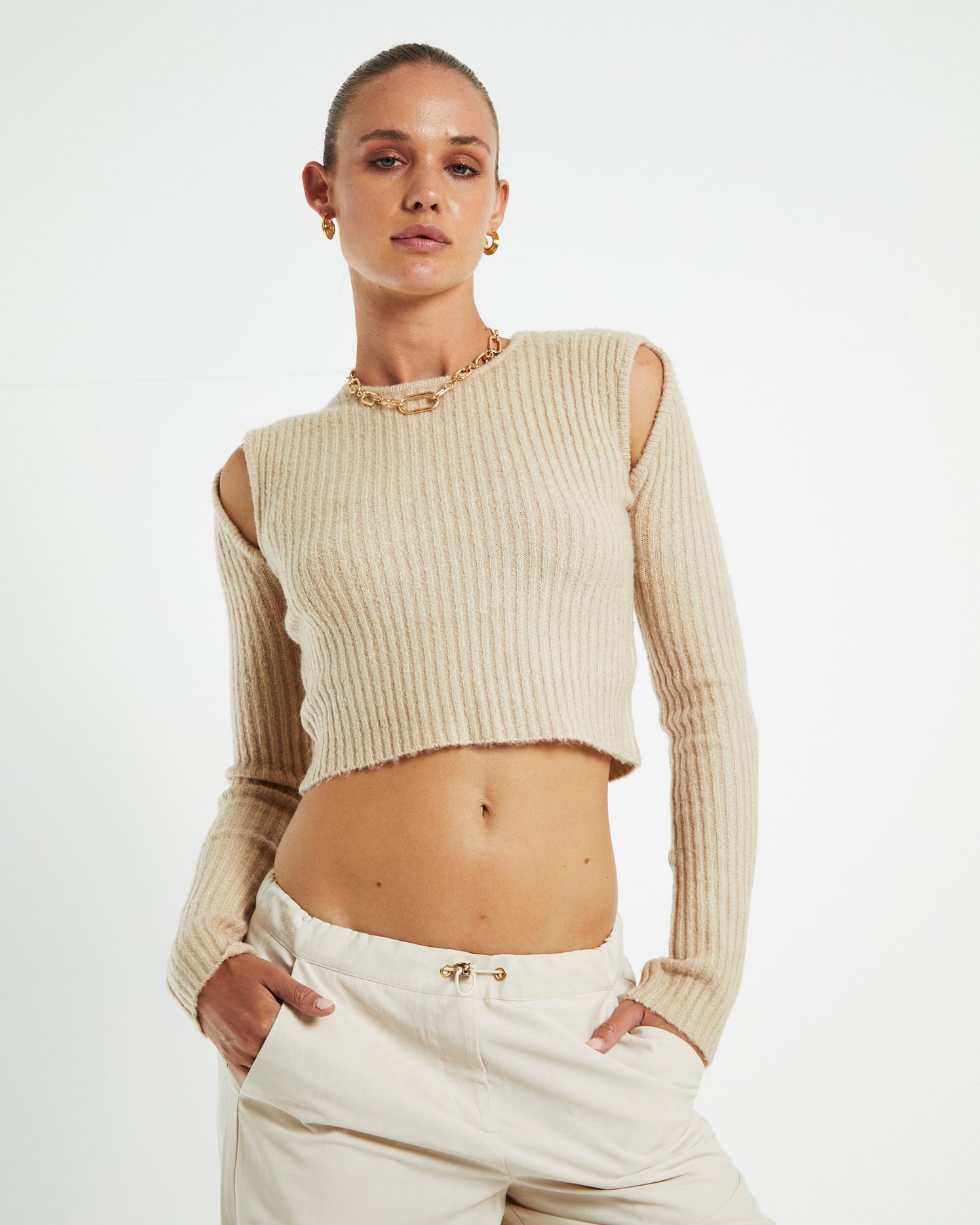 Vera Slash Long Sleeve Knit Top Oat