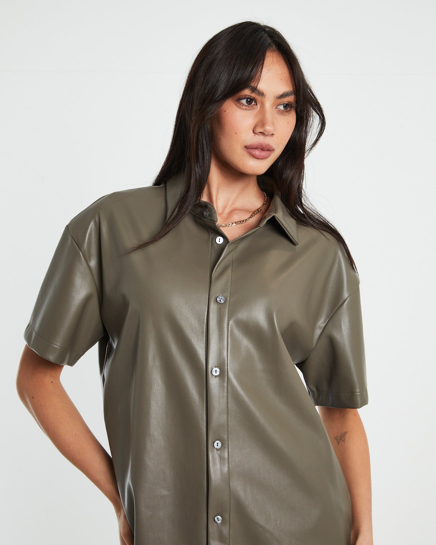 Phoebe Leather Look Shirt in Putty