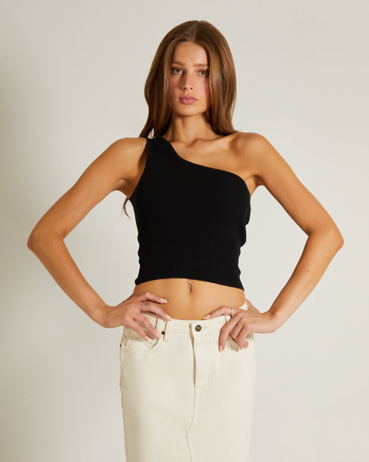 Luxe Knitted One Shoulder Top in Black BLACK