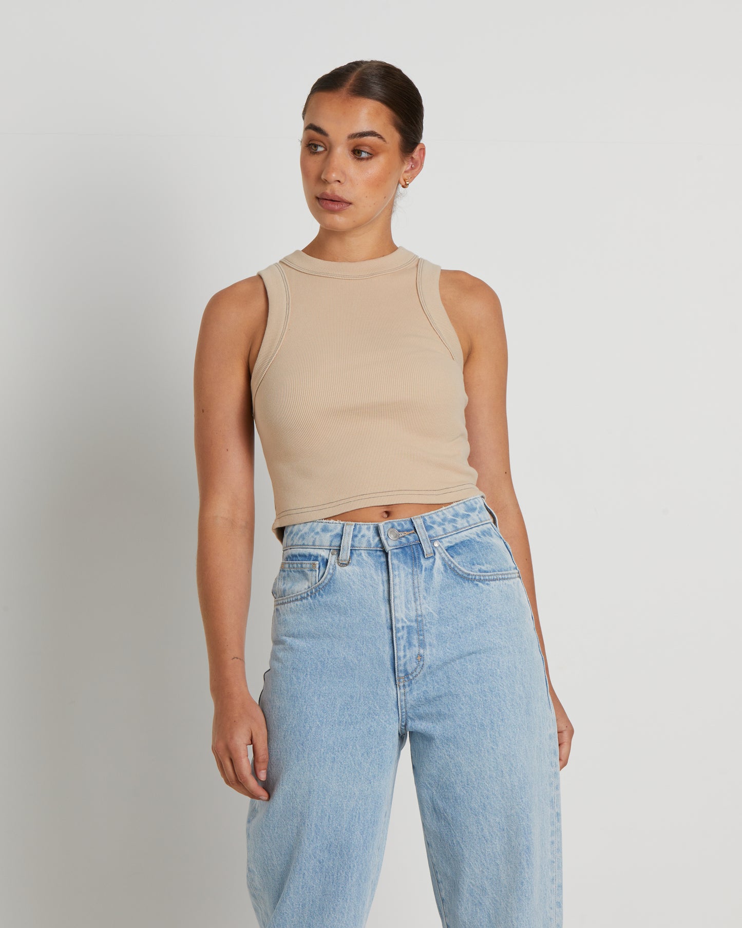 Jonesy Recut Rib Singlet in Bleached Sand