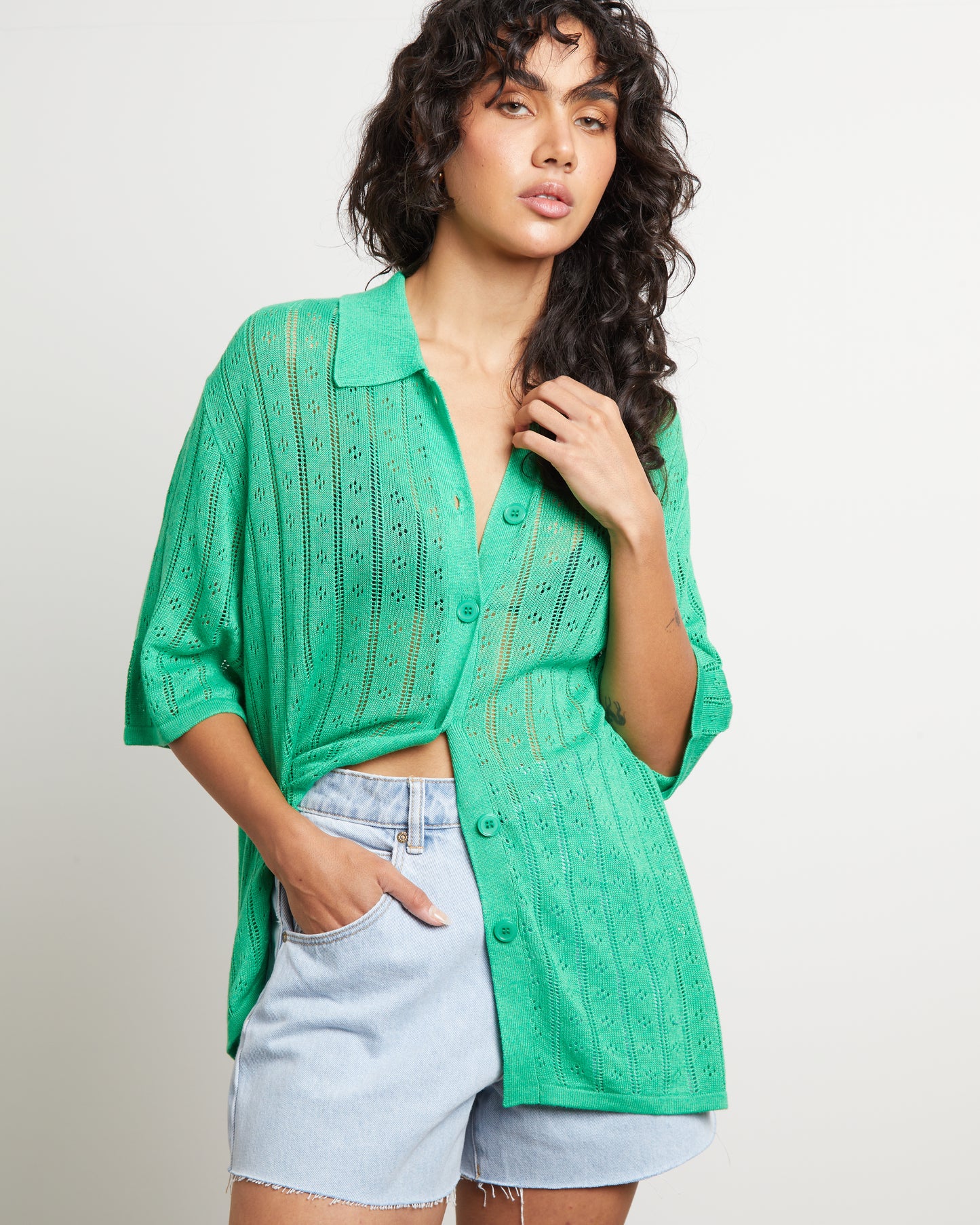 Milan Knit Short Sleeve Shirt in Grass Green