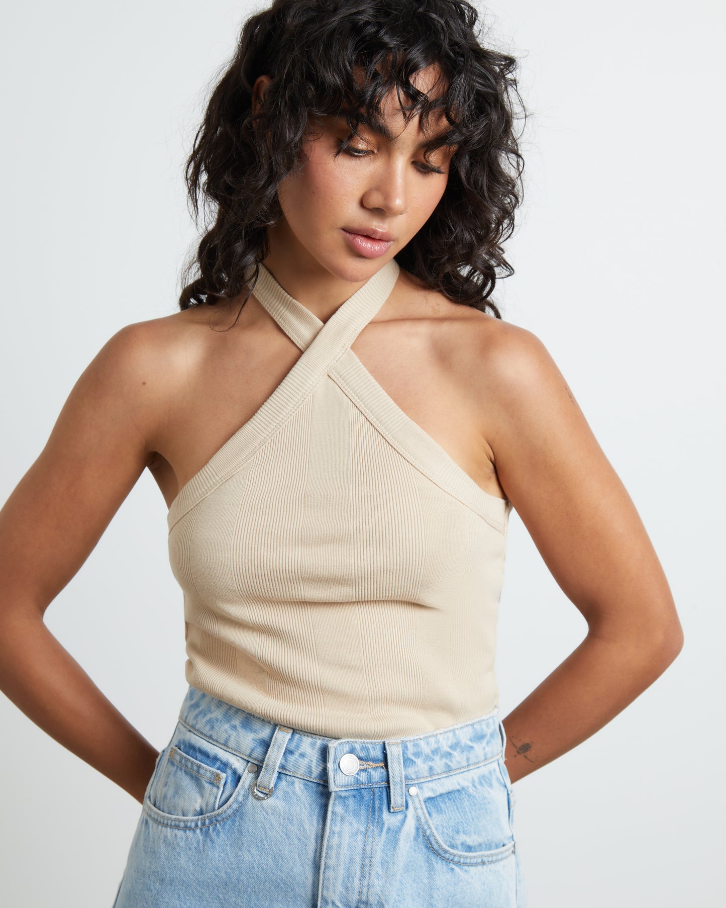 Frenchie Halter Top in Bleached Sand