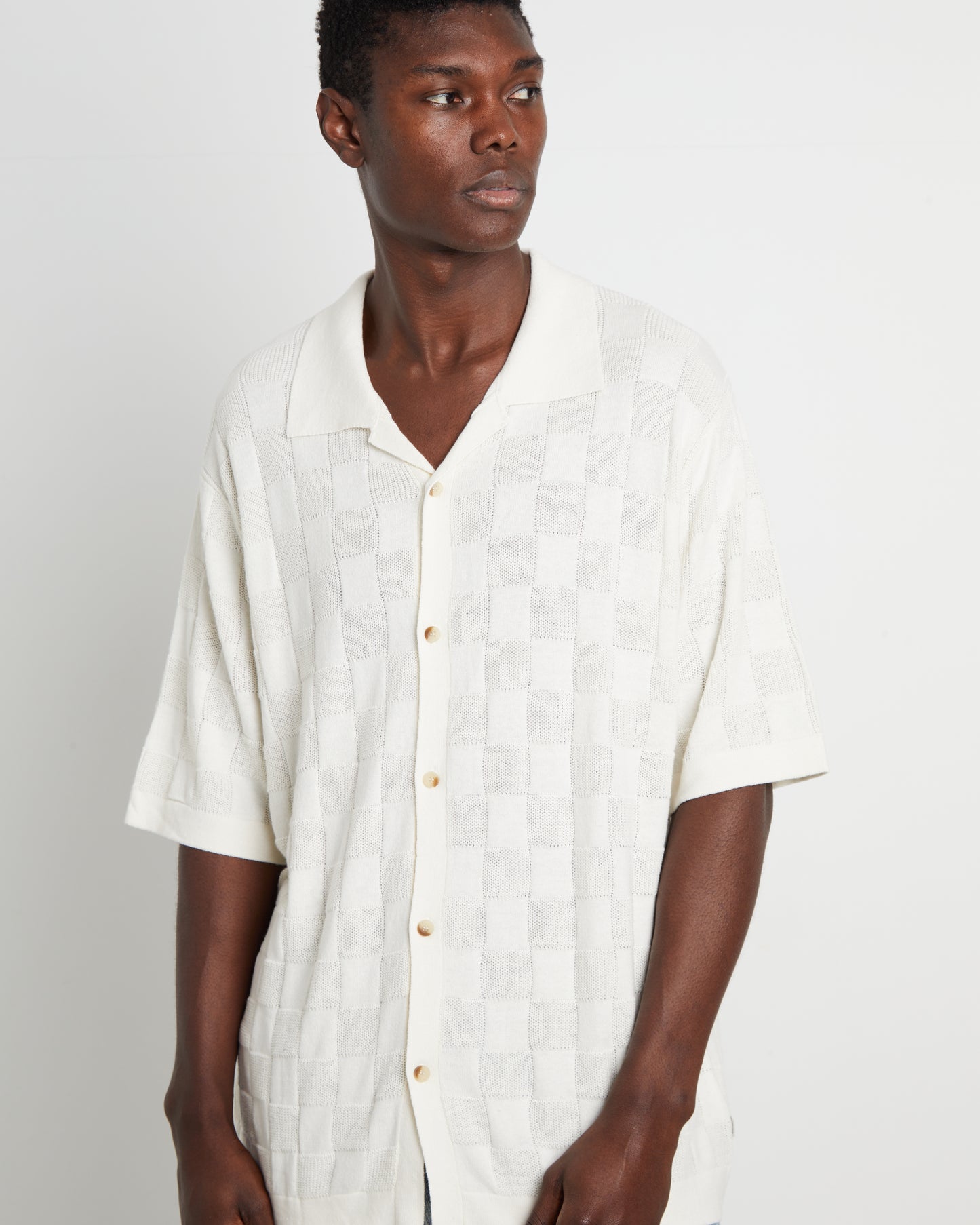 Checker Knit Short Sleeve Shirt in Natural