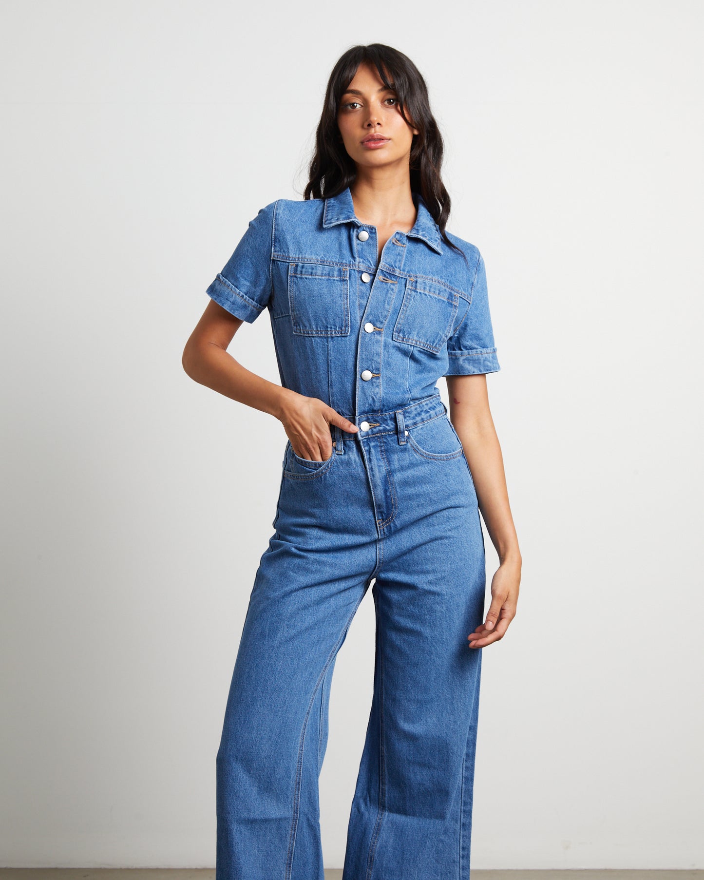 Miami Hemp Denim Flared Jumpsuit in Worn Blue