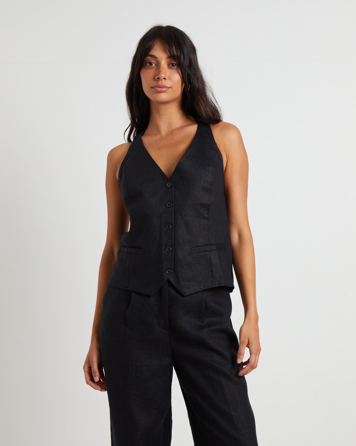 Naomi Linen Halter Vest in Black