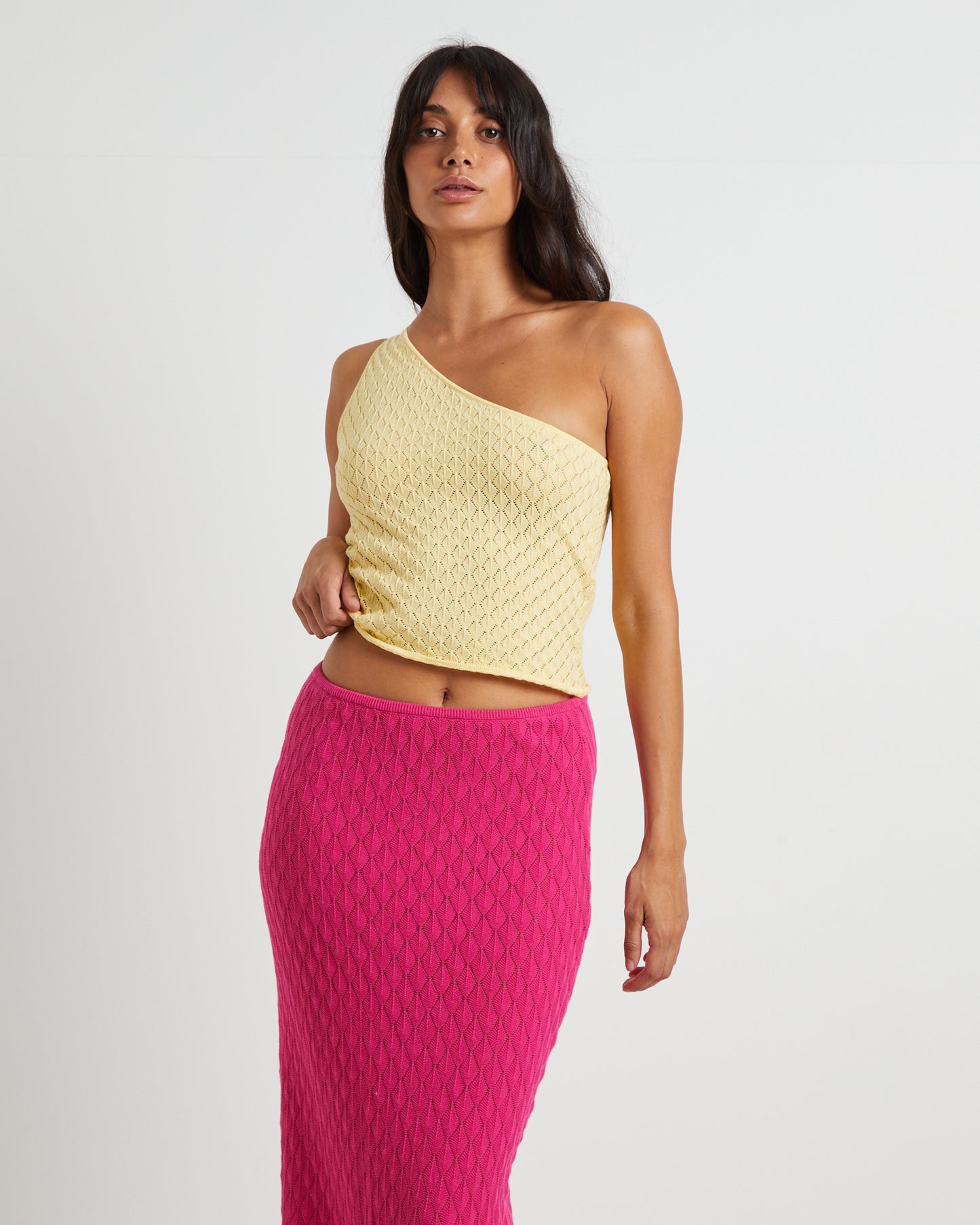 Kerby Crochet One Shoulder Top in Lemon