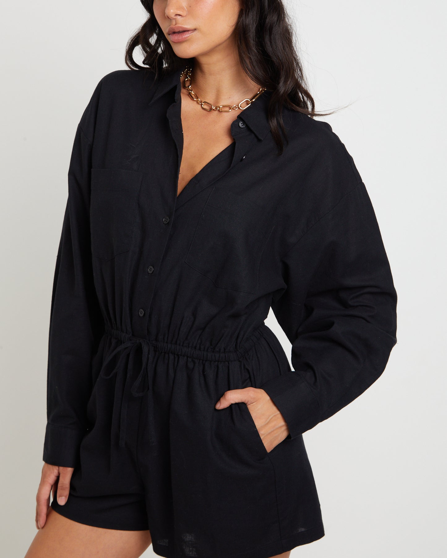 Joslin Boxy Long Sleeve Shirt Playsuit in Black