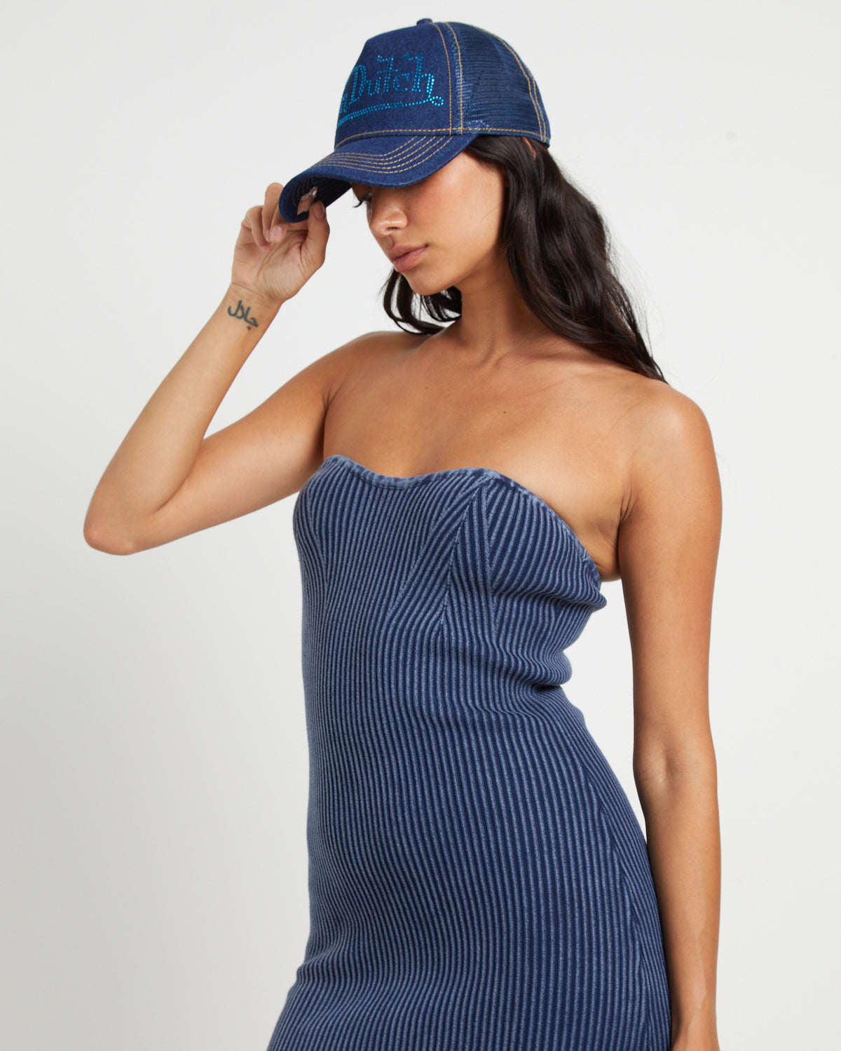 Kiah Acid Rib Knit Bandeau Midi Dress in Blue BLUE