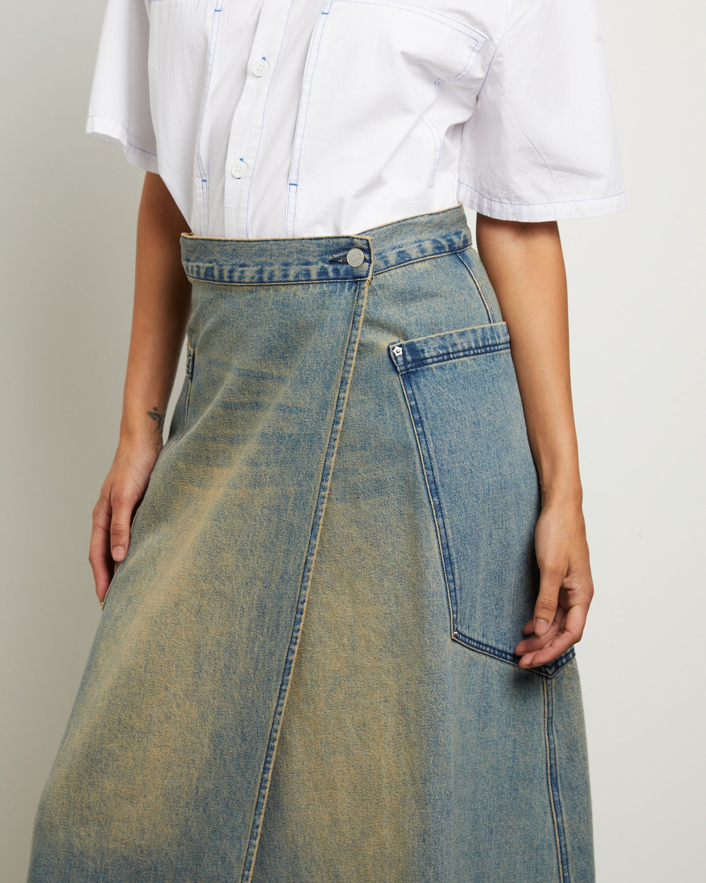 Wrap Denim Maxi Skirt in Dirty Wash
