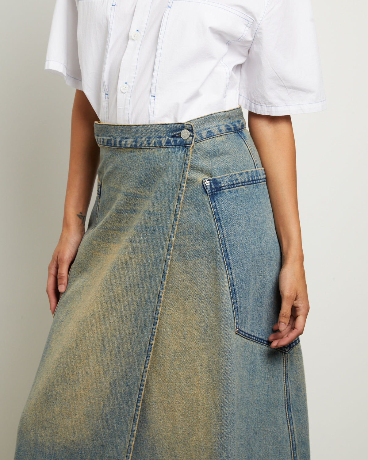 Wrap Denim Maxi Skirt in Dirty Wash DIRTY WASH