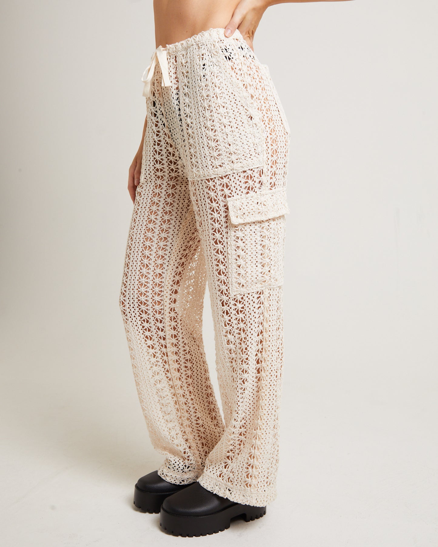 Zulu Crochet Cargo Pants in Milky White