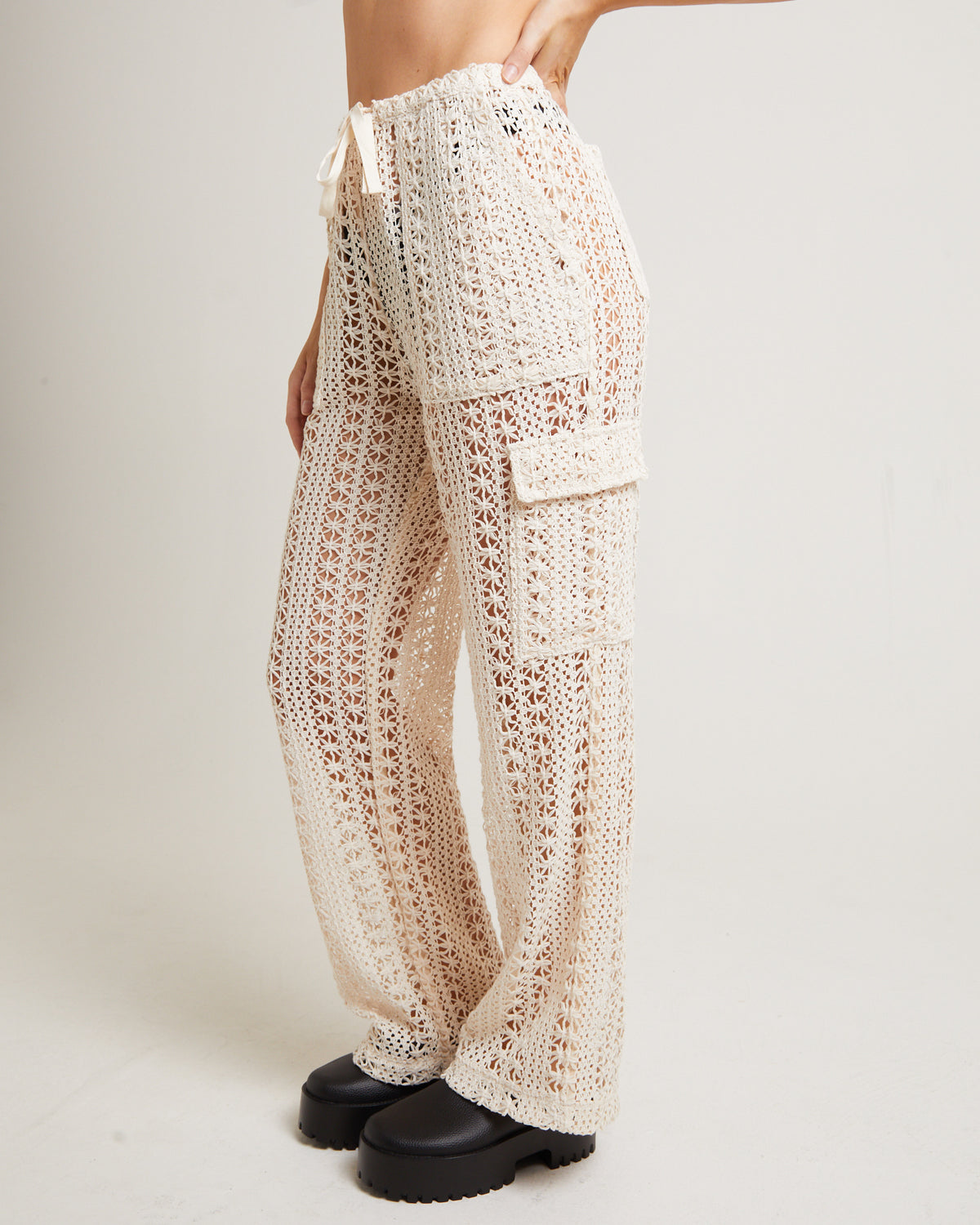 Zulu Crochet Cargo Pants in Milky White WHITE
