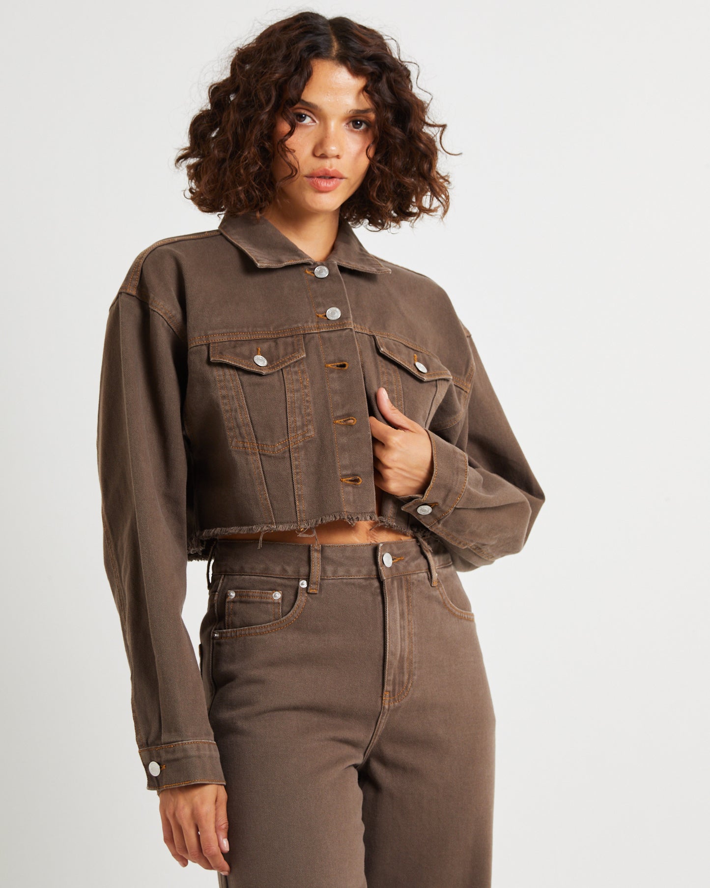 Mia Crop Denim Jacket Washed Sepia