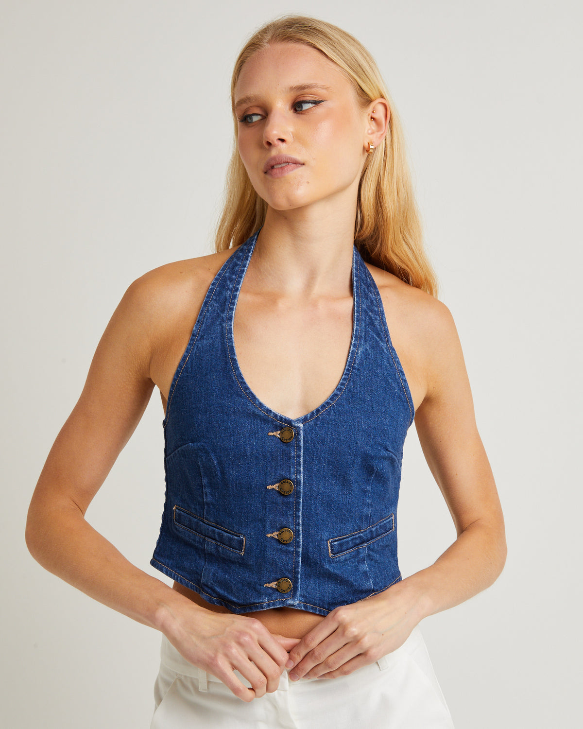 Halter Denim Vest Stone Organic MID VINTAGE BLUE