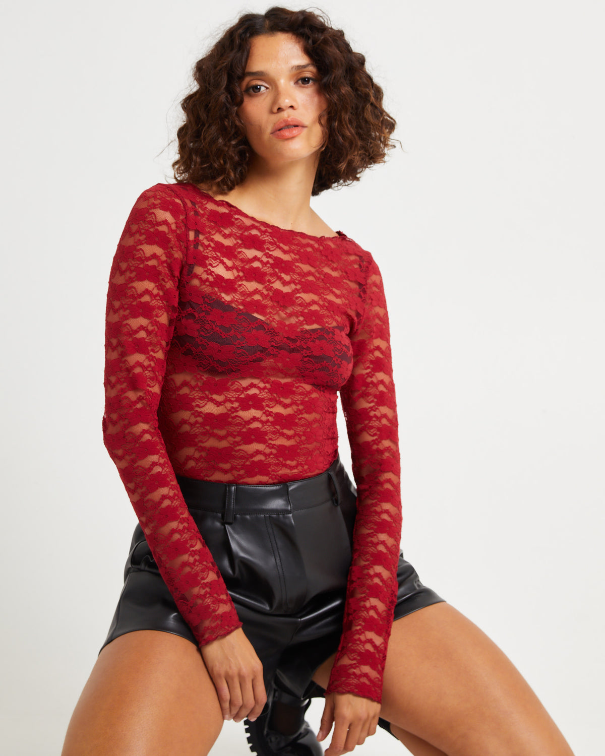 Leah Sheer Long Sleeve Lace Top CHERRY