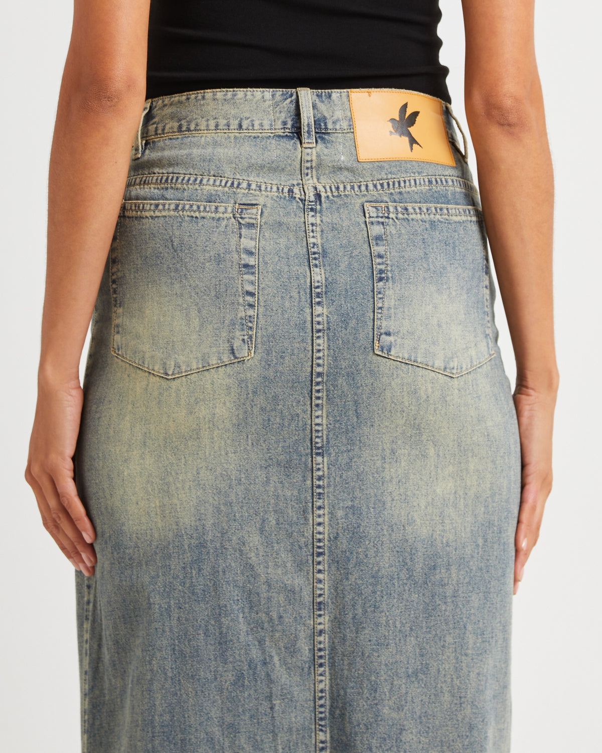 High Waisted Denim Column Skirt Dirty DIRTY BLUE
