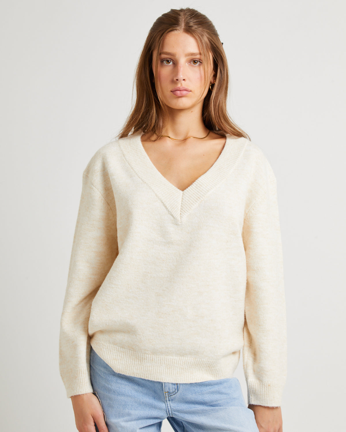 Deep V Neck Slouchy Jumper CASHEW