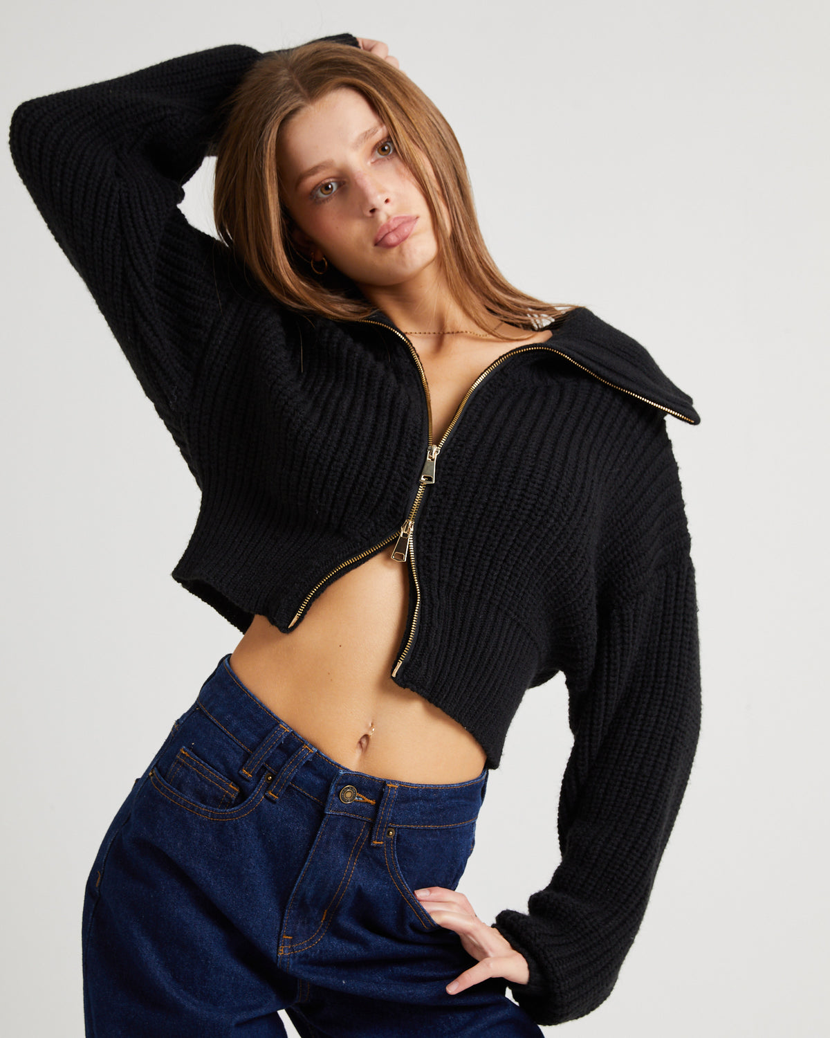 Simmy Double Zip Knit Top BLACK
