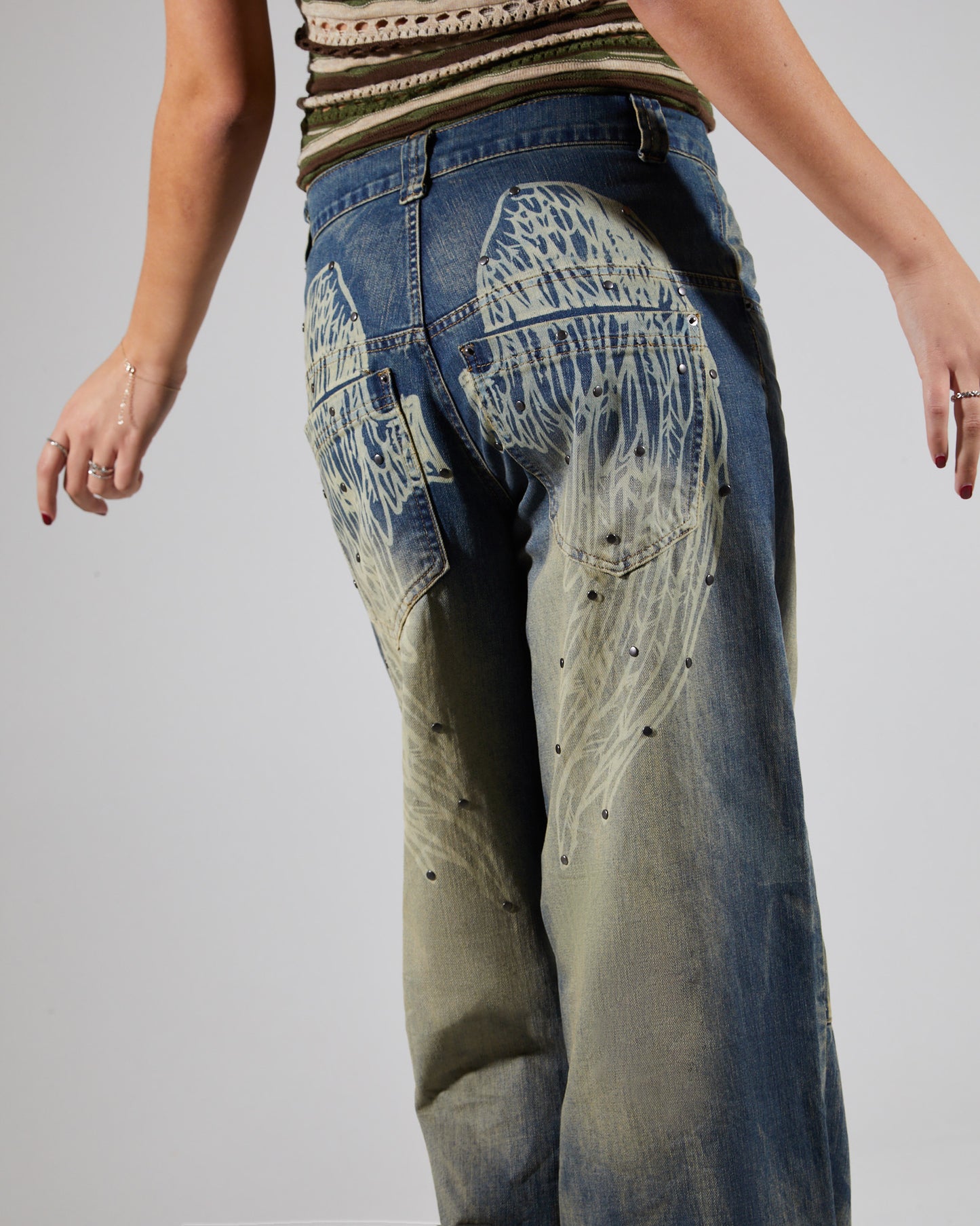 Wing Print Studded Lowrise Colossus Jeans