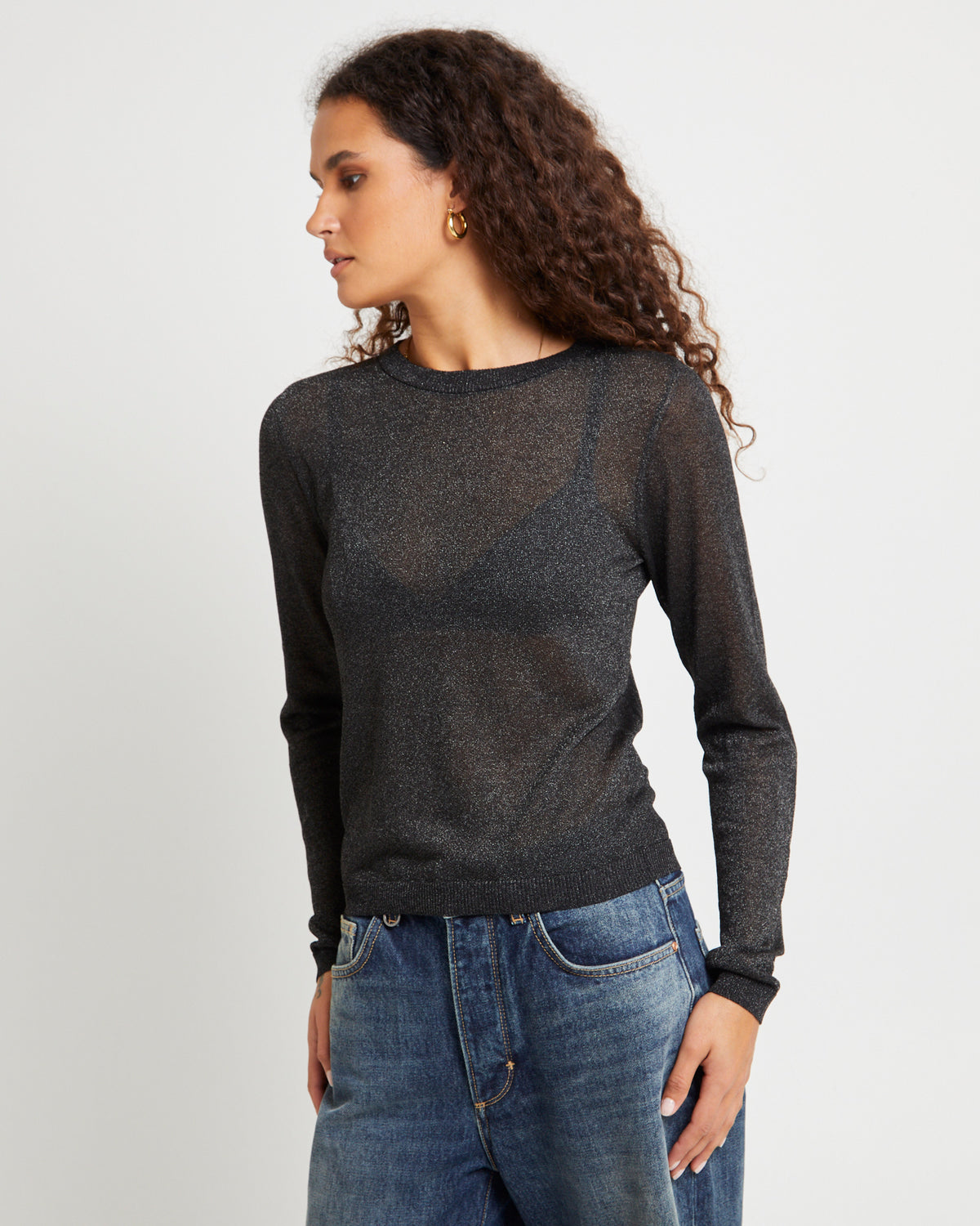 Shimmer Crewneck Knit Long Sleeve Top BLACK