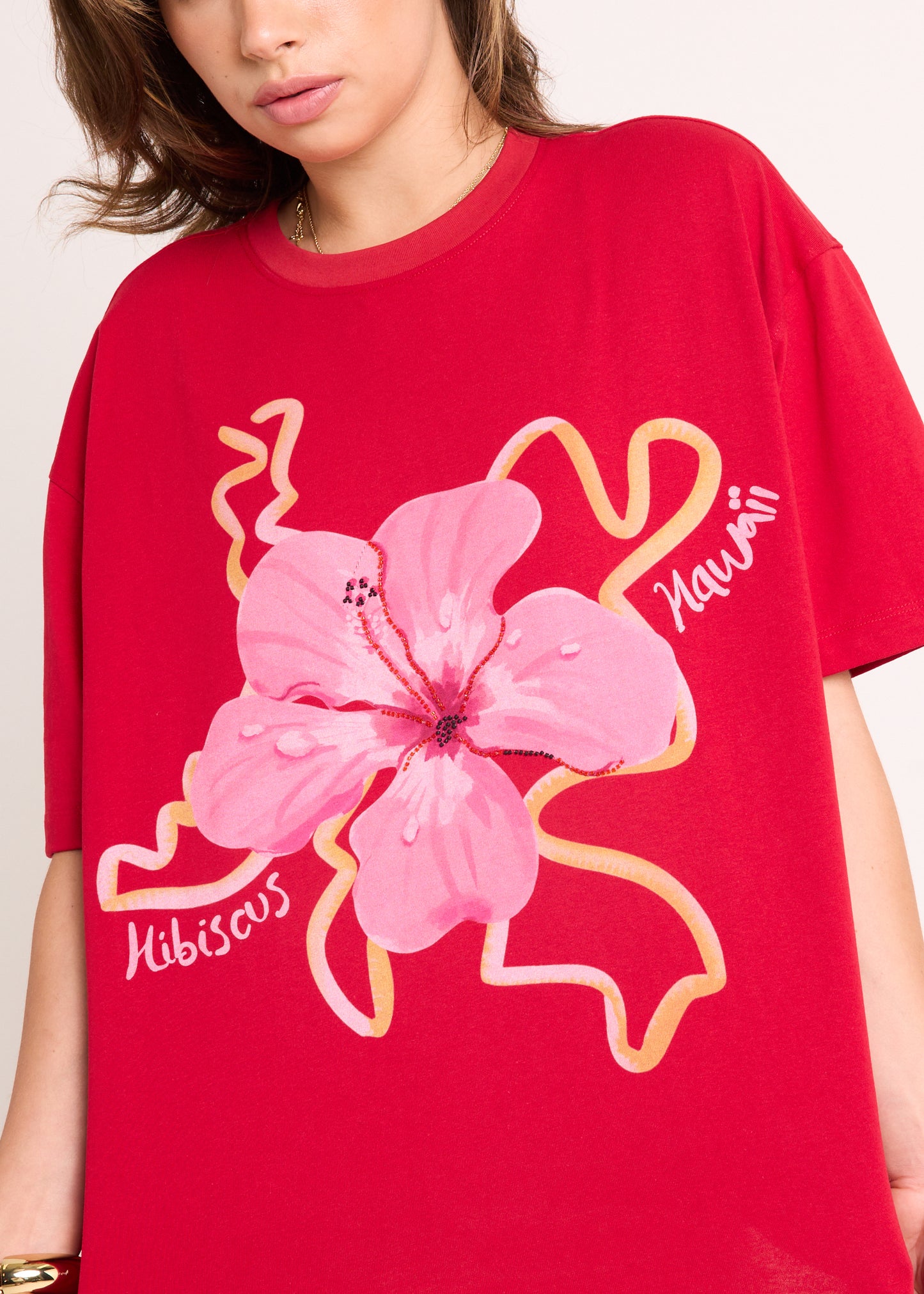 Hawaii Hibiscus Oversized T-Shirt RED