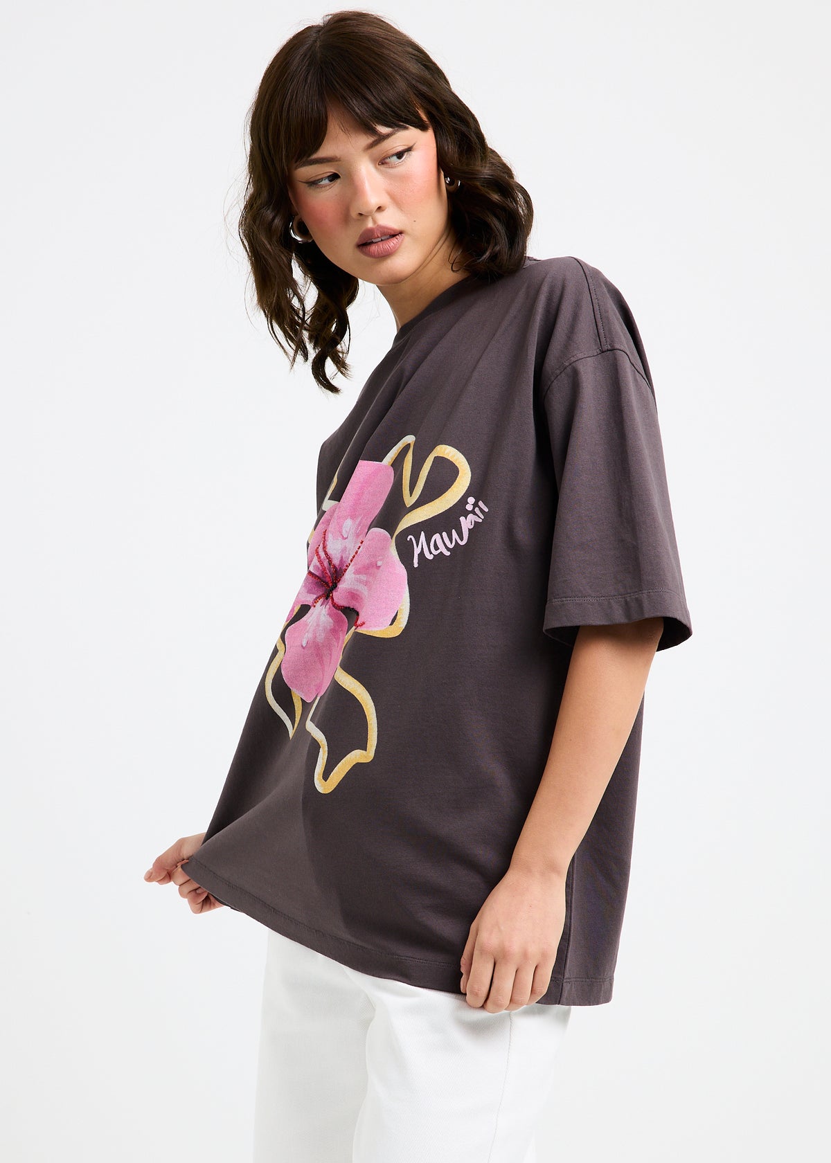 Hawaii Hibiscus Oversized T-Shirt COFFEE