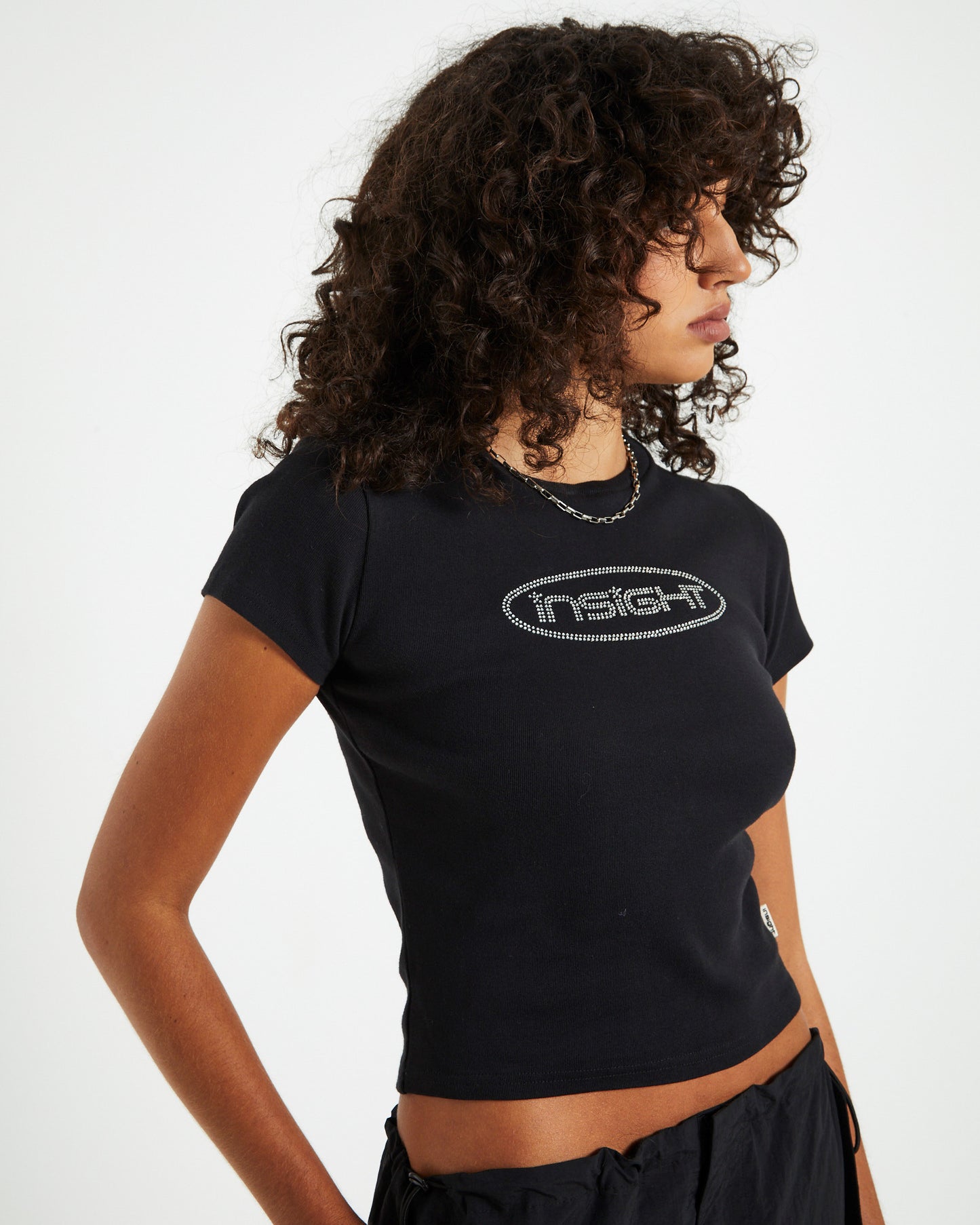 Longline Rhinestone Baby Tee Black