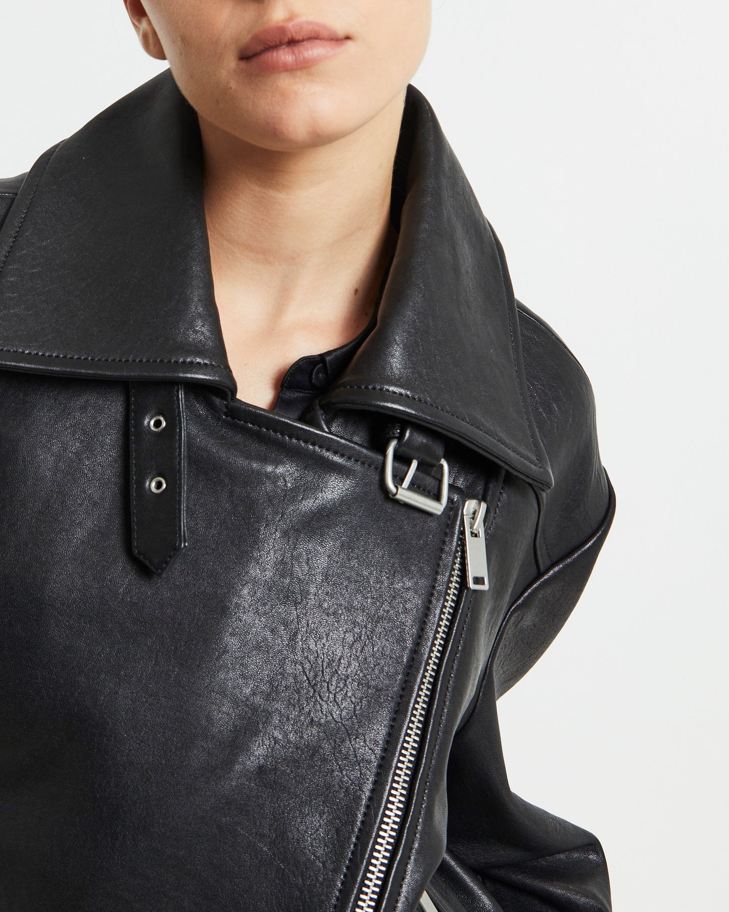 Zoe Longline Leather Biker Jacket Black