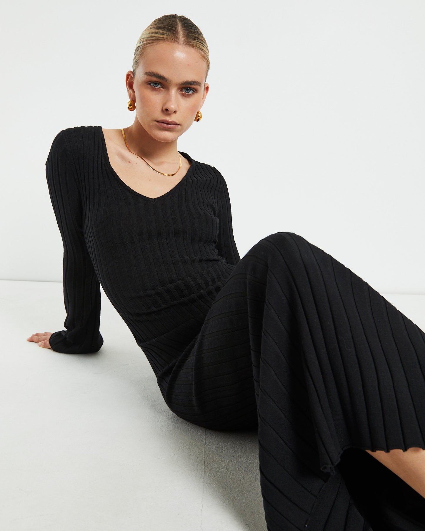 Sophie Long Sleeve Rib Knit Dress Black