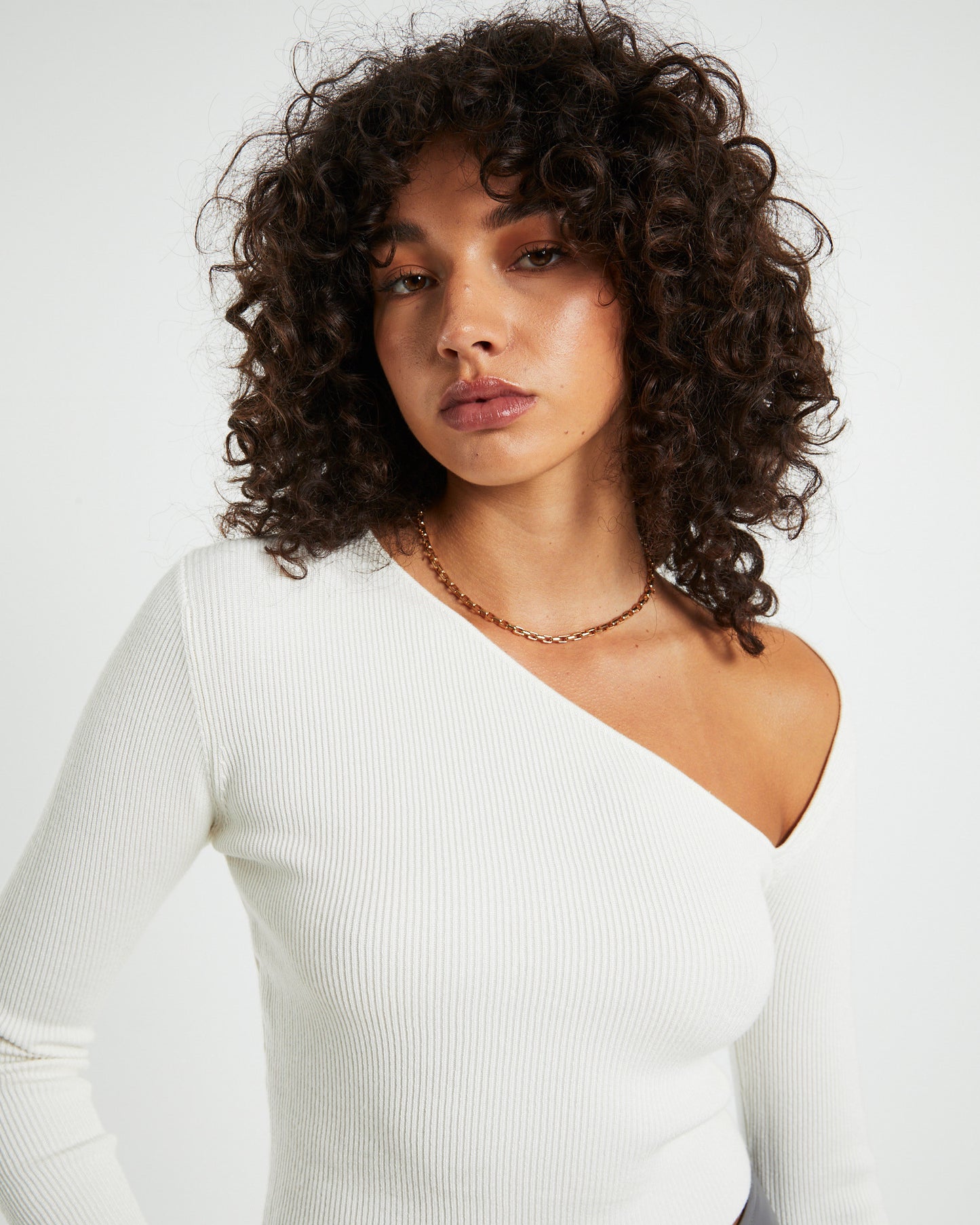 Indy Asymmetric Cut Out Long Sleeve Knit Top White