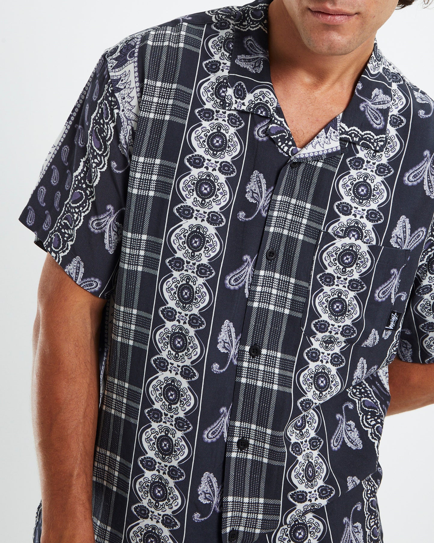 Paisley Plaid Rayon Short Sleeve Shirt Black