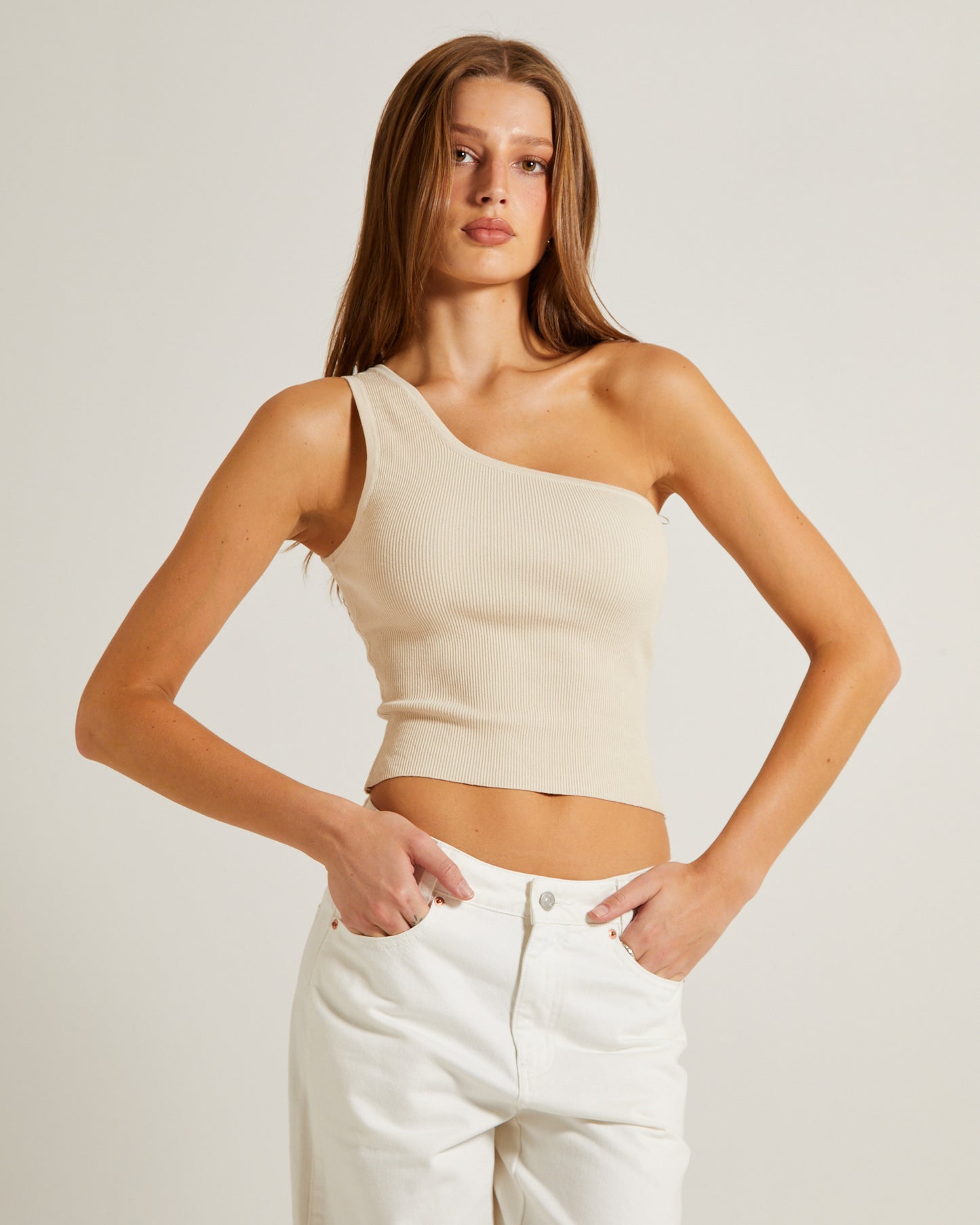 Luxe Knitted One Shoulder Top in Vintage Stone