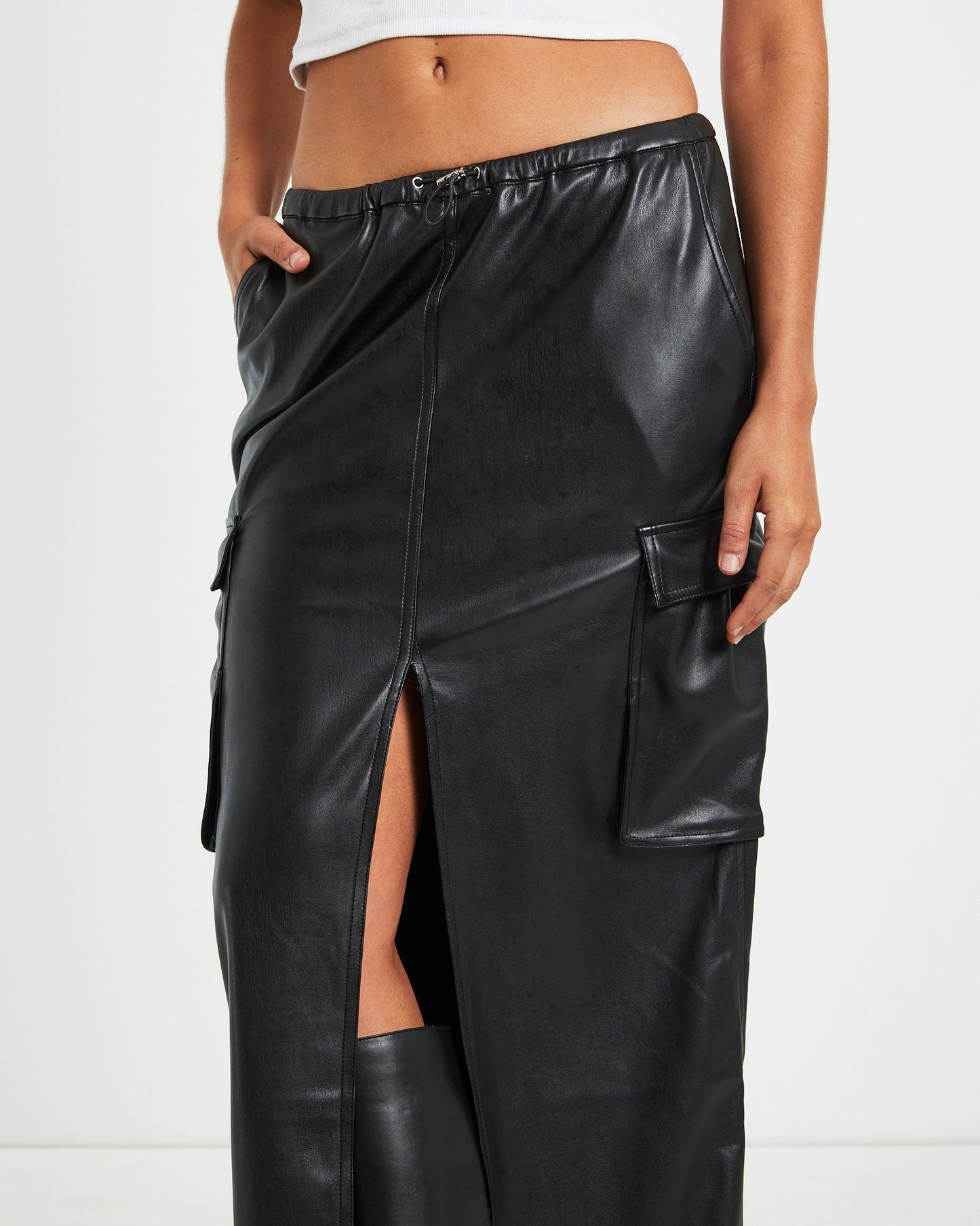 Phoebe Leather Look Cargo Skirt Black