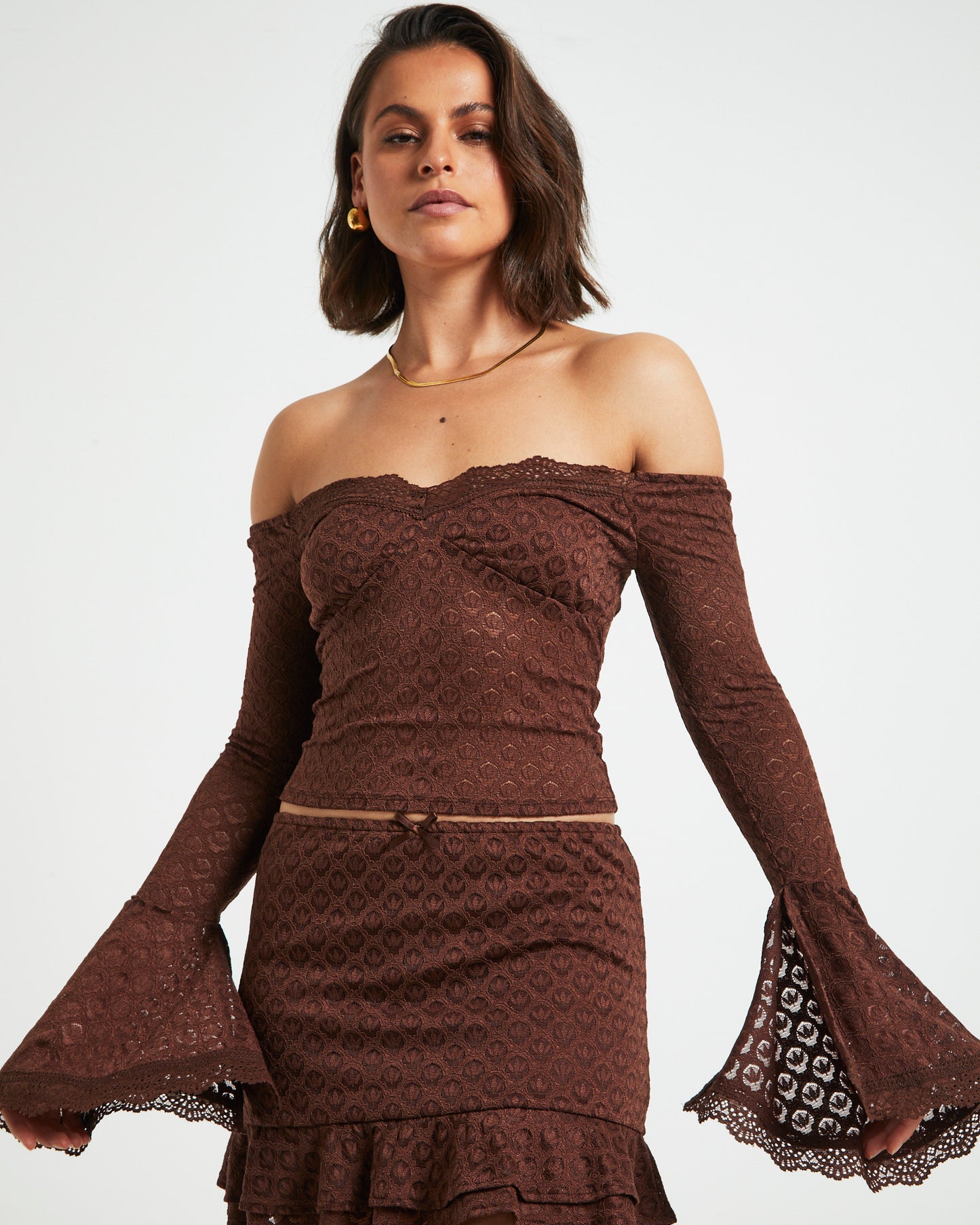 Maya Off Shoulder Long Sleeve Lace Top in Chocolate Brown