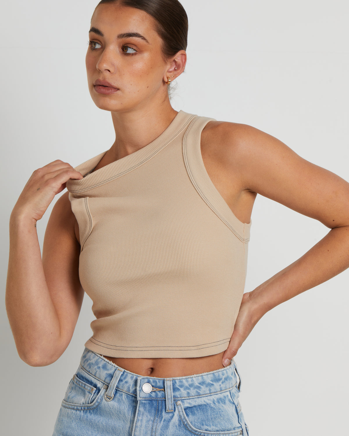 Jonesy Recut Rib Singlet in Bleached Sand NATURAL