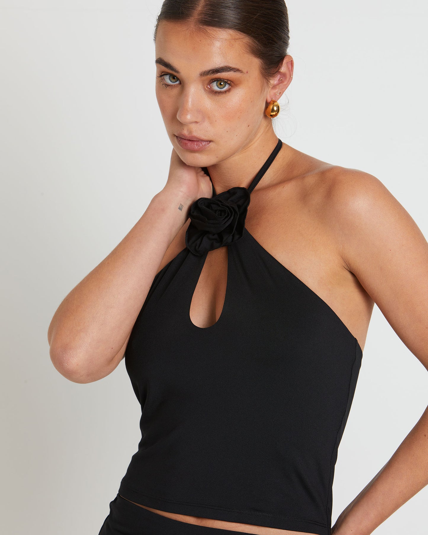 Dovie Corsage Halter Top in Black