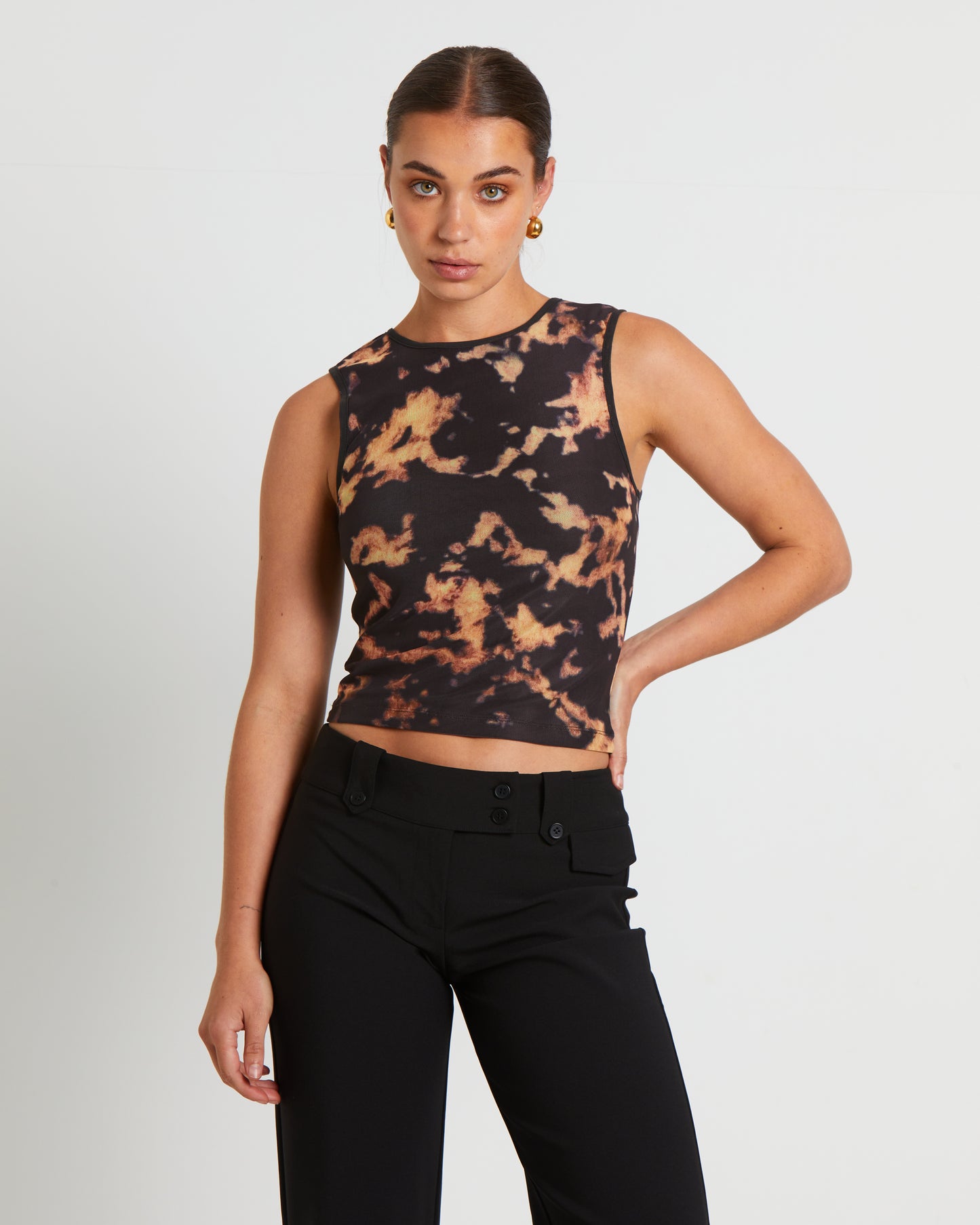 Dark Cloud Mesh Cut Off Tank Top in Brown