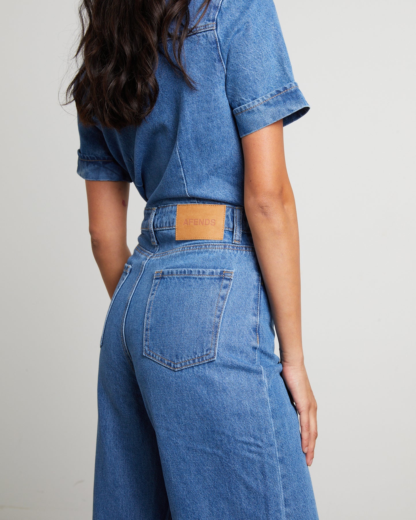 Miami Hemp Denim Flared Jumpsuit in Worn Blue
