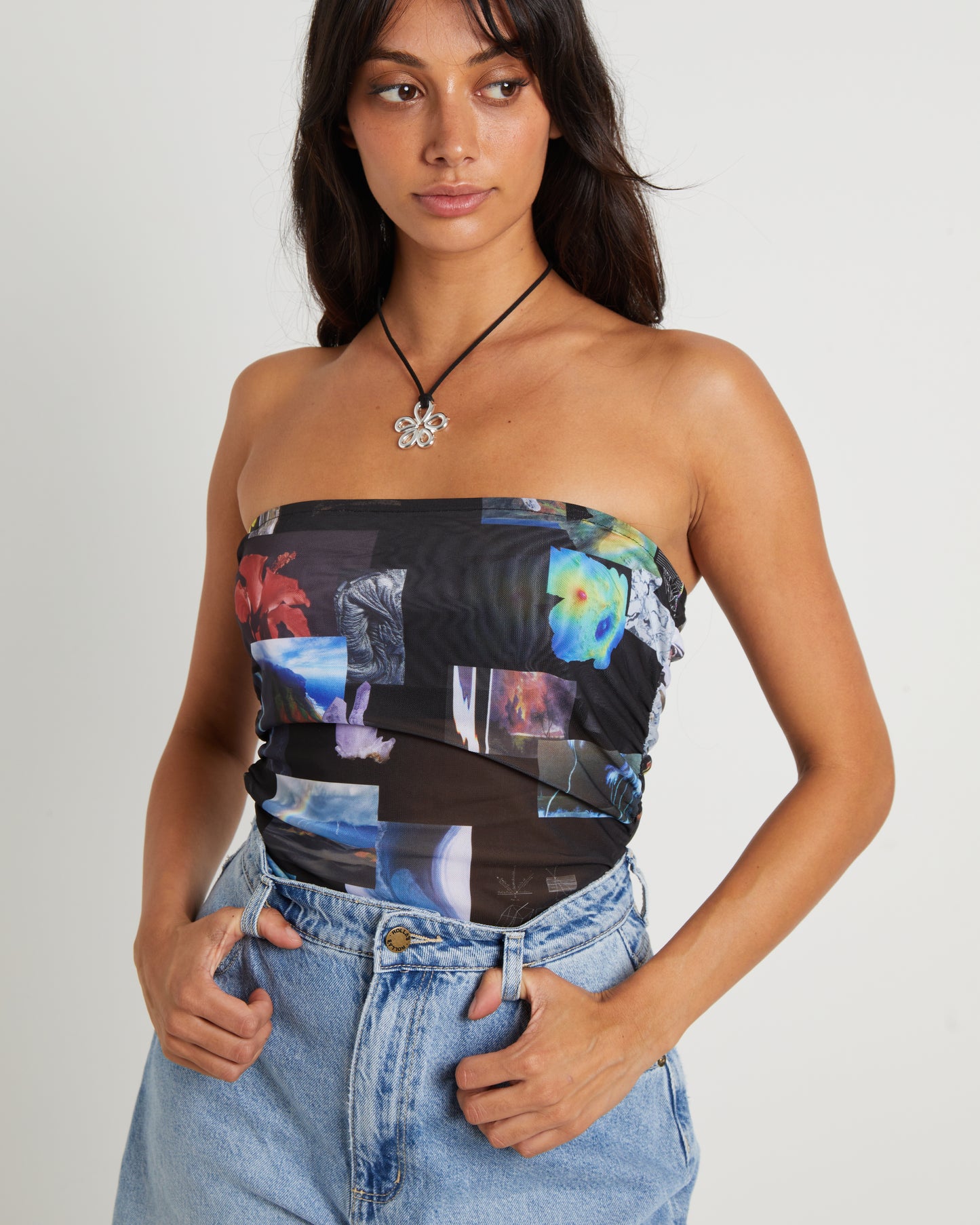 Under Pressure Recycled Sheer Strapless Top in Black